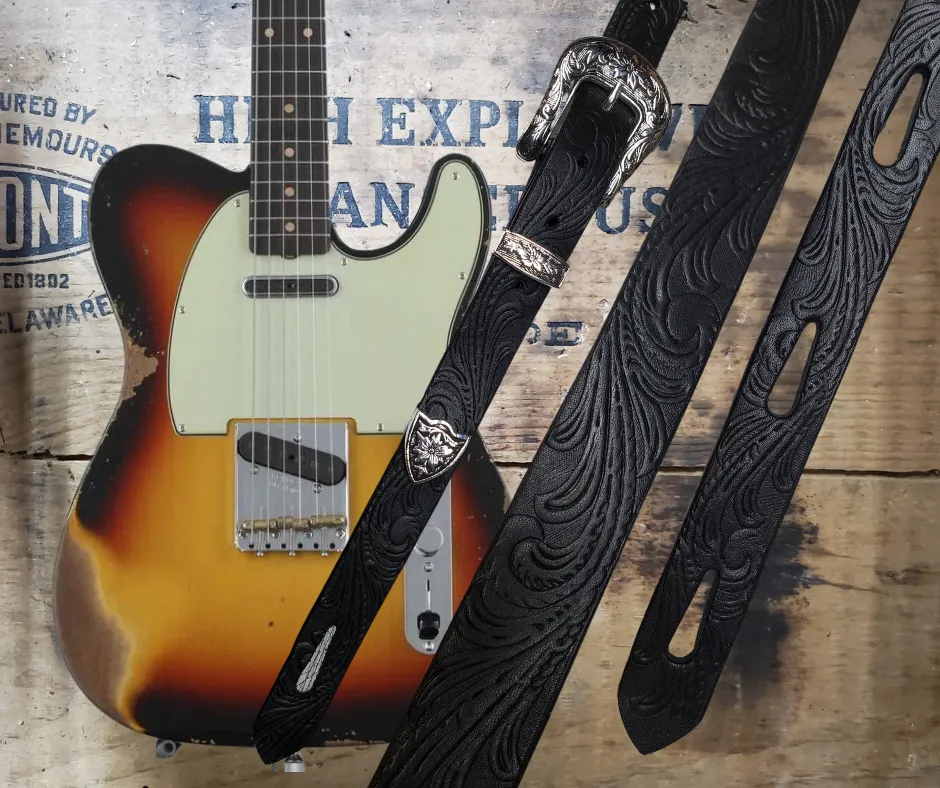 1955 1" Embossed Black Leather Guitar Strap