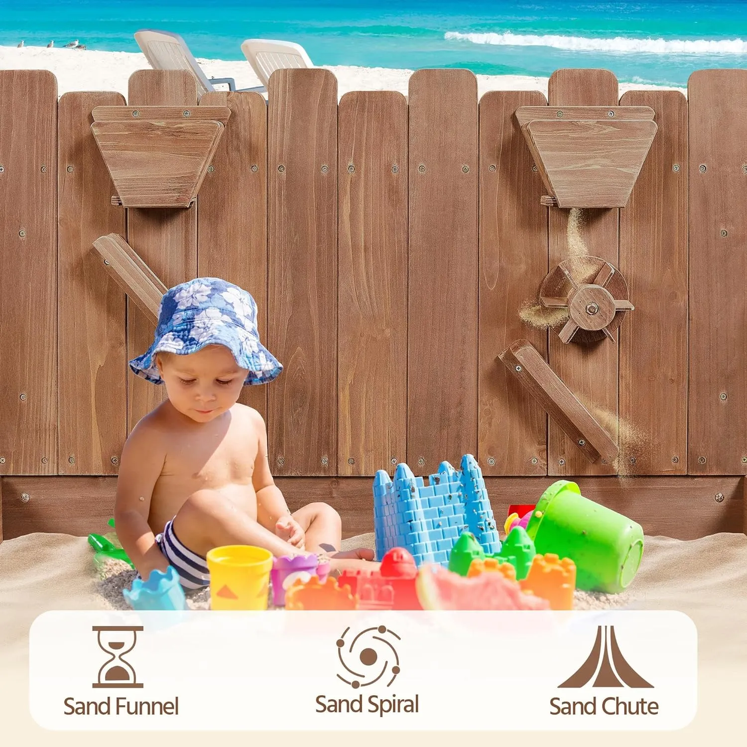 2-in-1 Extra Large Montessori Eco Natural Fir Wood Sandpit | Sand & Waterwall | 3-8 Years
