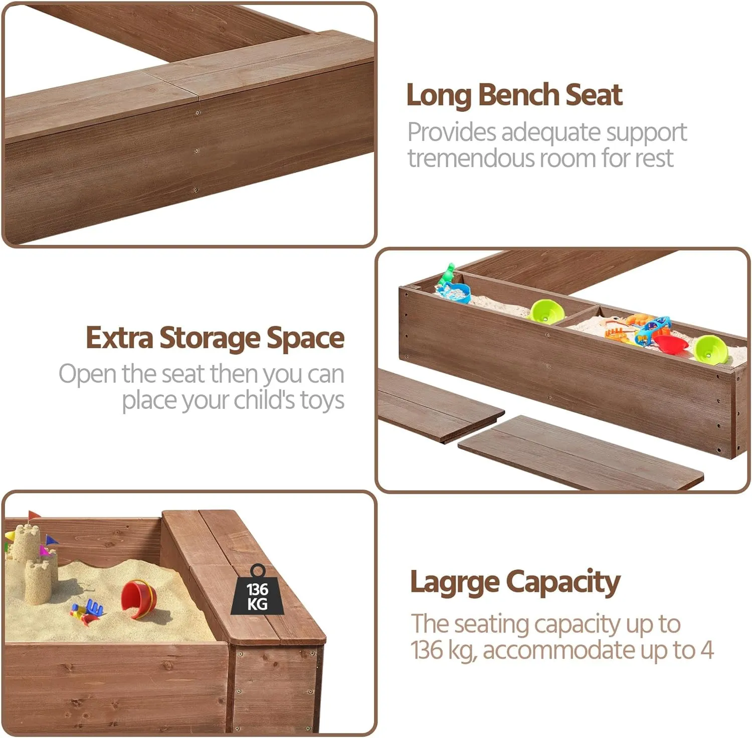 2-in-1 Extra Large Montessori Eco Natural Fir Wood Sandpit | Sand & Waterwall | 3-8 Years