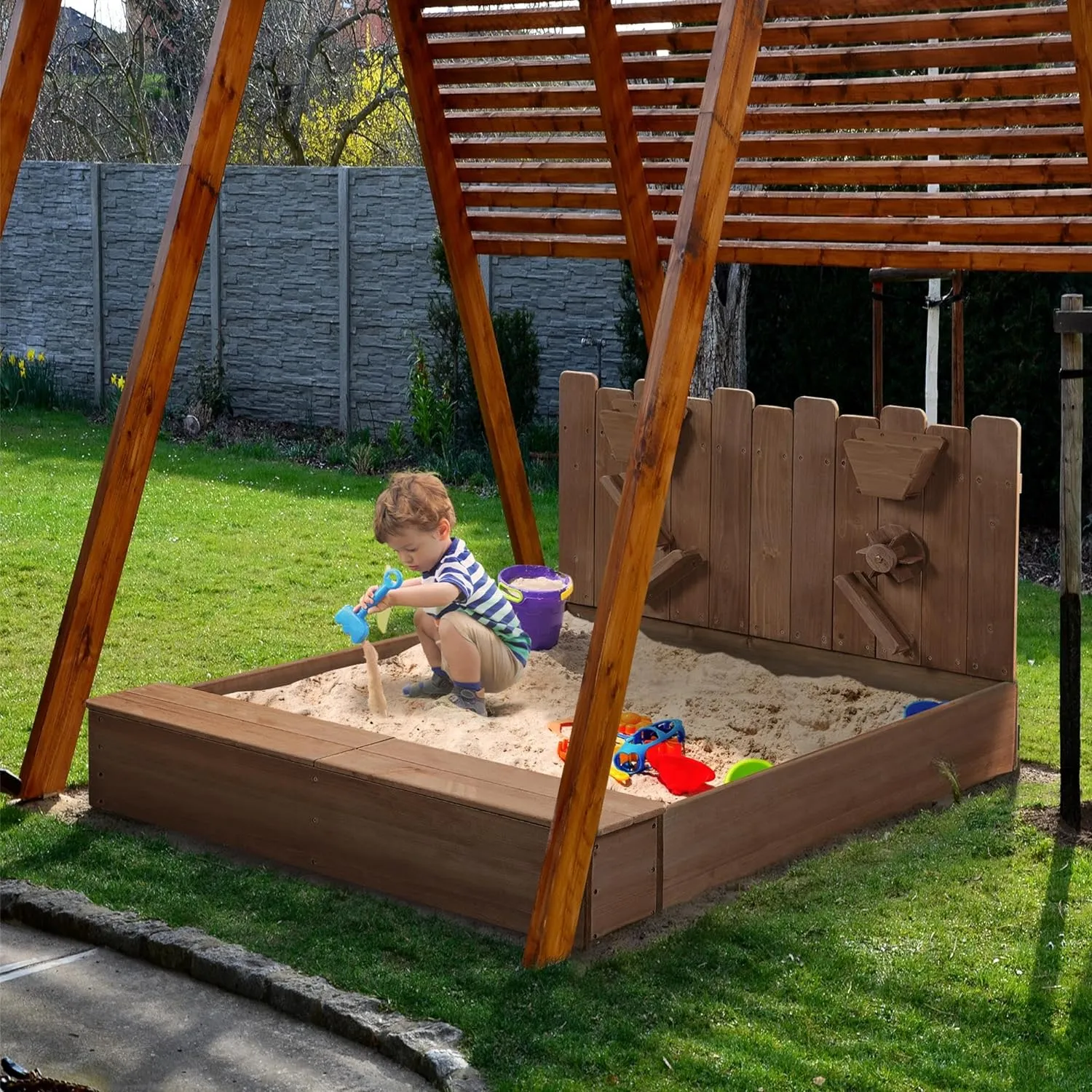 2-in-1 Extra Large Montessori Eco Natural Fir Wood Sandpit | Sand & Waterwall | 3-8 Years
