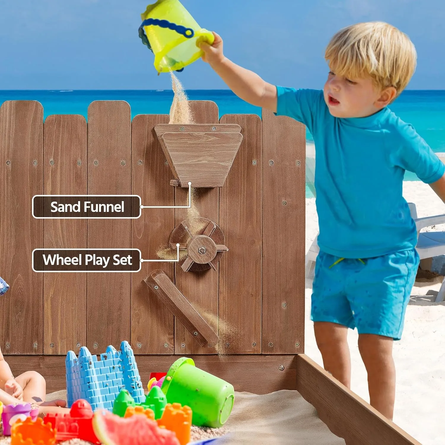 2-in-1 Extra Large Montessori Eco Natural Fir Wood Sandpit | Sand & Waterwall | 3-8 Years