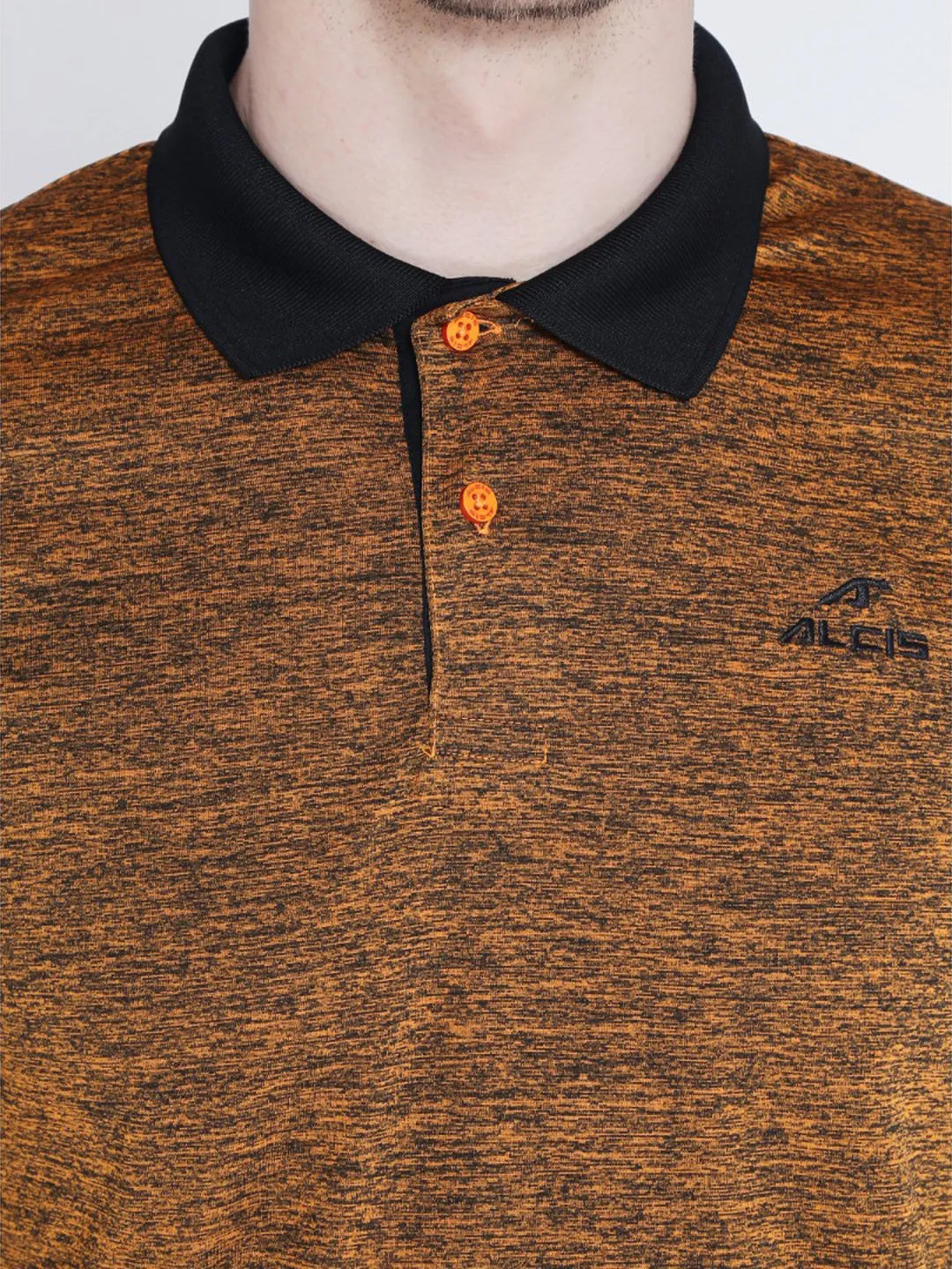Alcis Men Orange Black Melange Solid Polo Collar T-shirt