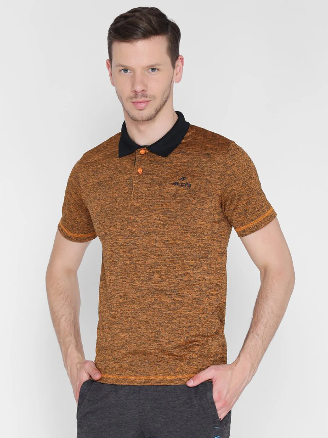 Alcis Men Orange Black Melange Solid Polo Collar T-shirt