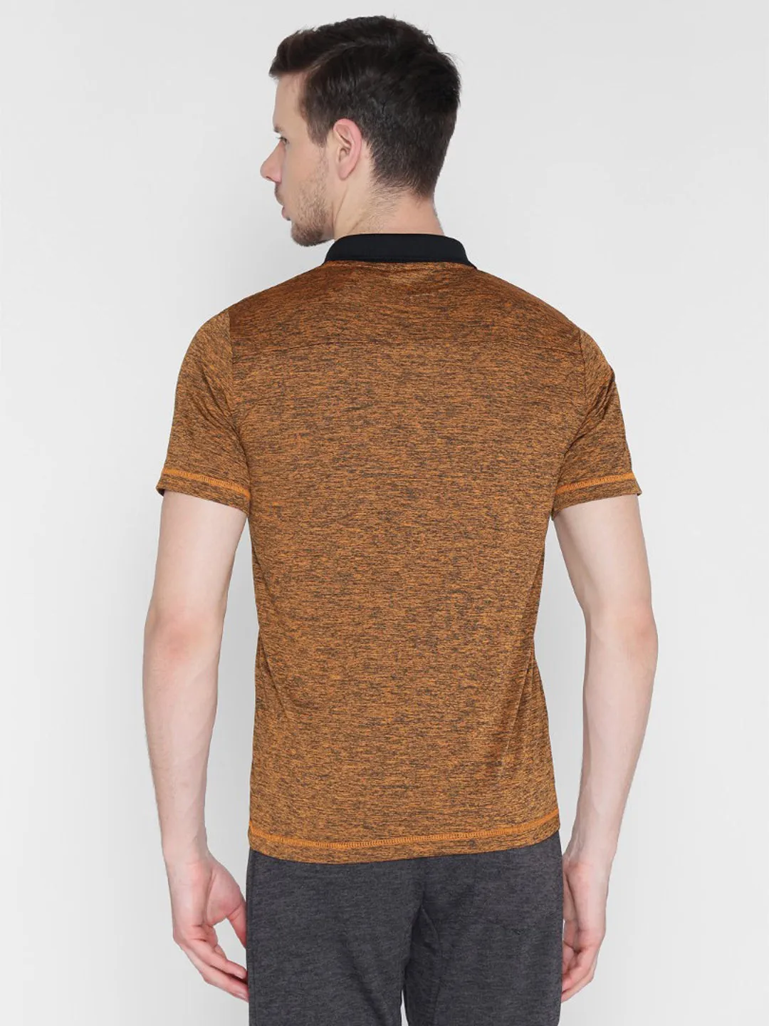 Alcis Men Orange Black Melange Solid Polo Collar T-shirt
