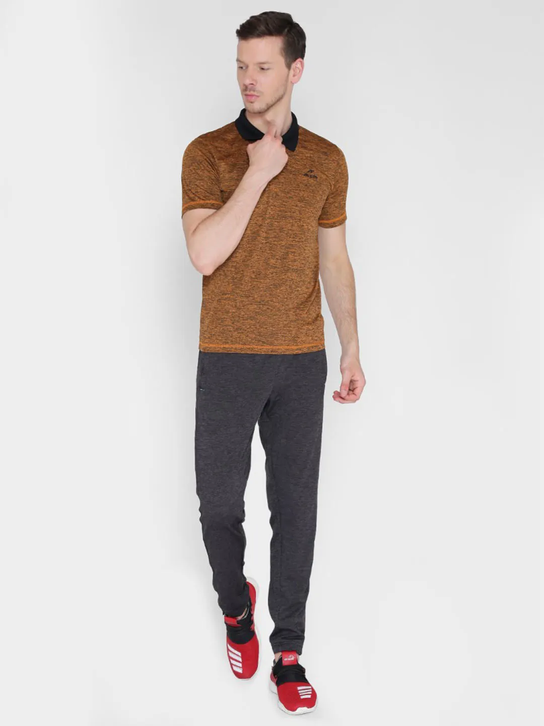 Alcis Men Orange Black Melange Solid Polo Collar T-shirt
