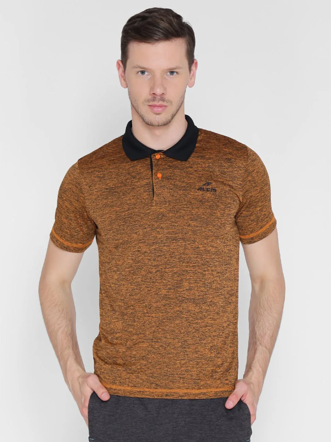 Alcis Men Orange Black Melange Solid Polo Collar T-shirt