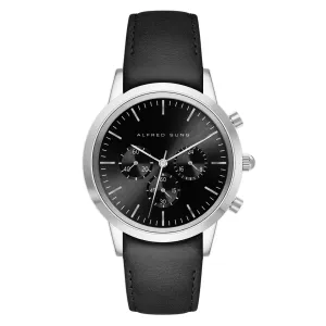 Alfred Sung Chronograph Black Sunray Dial BlackLeather Strap Men's watch