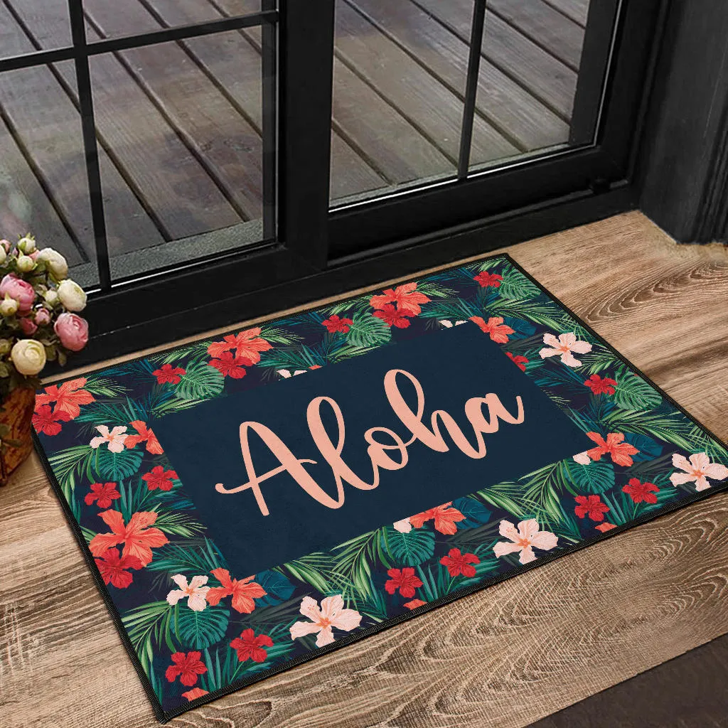 Aloha Hawaiian Tropical Flower Door Mat Colorful