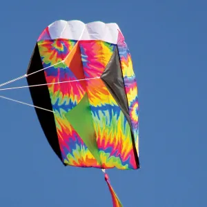 Awesome Large 7.5 Tie-Dye Parafoil Kite! Ready to Fly with 500' of 90-lb. line on a hoop, 8" x 11" stuff sack and 15-ft. nylon tail. 6 to 20 mph winds.