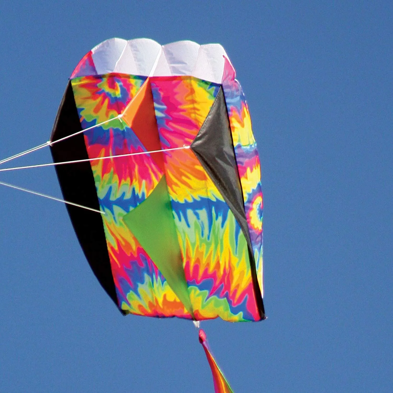 Awesome Large 7.5 Tie-Dye Parafoil Kite! Ready to Fly with 500' of 90-lb. line on a hoop, 8" x 11" stuff sack and 15-ft. nylon tail. 6 to 20 mph winds.