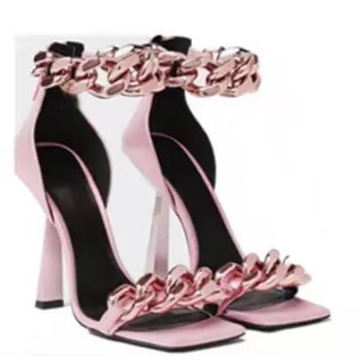 Black Square Toe Sandals Women Unique Thin High Heels -Open Toes Metal Chains