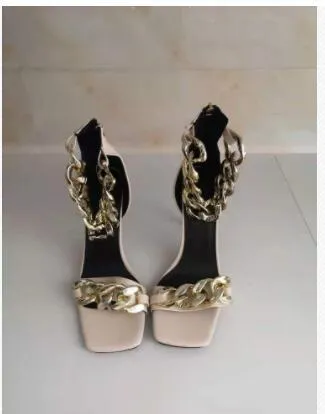 Black Square Toe Sandals Women Unique Thin High Heels -Open Toes Metal Chains