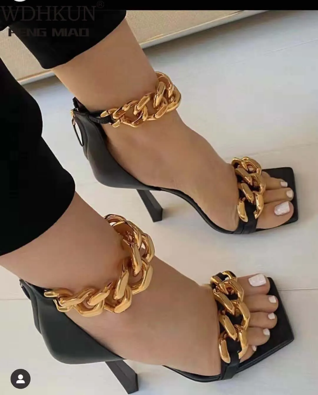 Black Square Toe Sandals Women Unique Thin High Heels -Open Toes Metal Chains