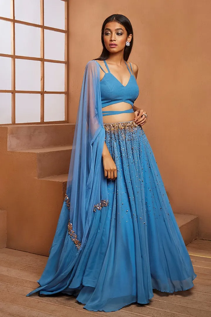 BLUE CROP BLOUSE & EMBELLISHED LEHENGA