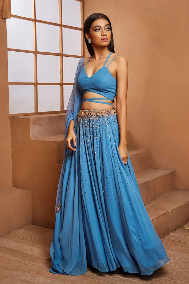 BLUE CROP BLOUSE & EMBELLISHED LEHENGA