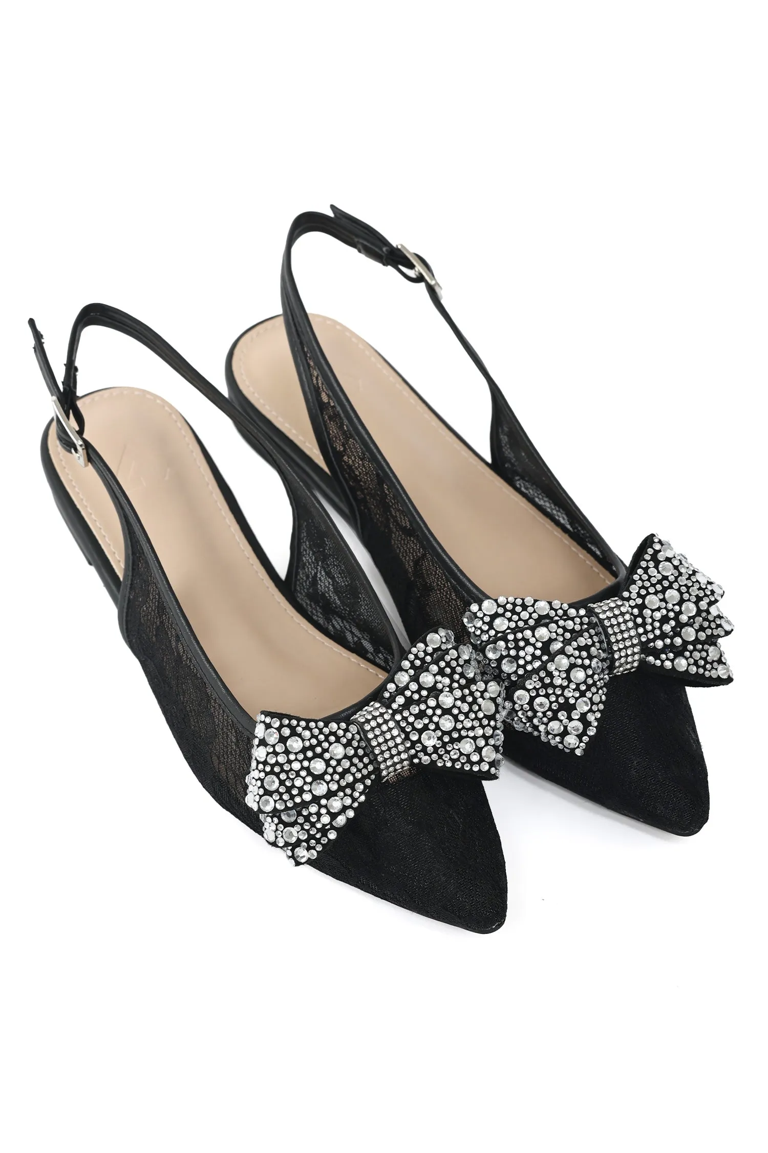 BOW EMBELLISHED LACE SLINGBACKS-BLACK