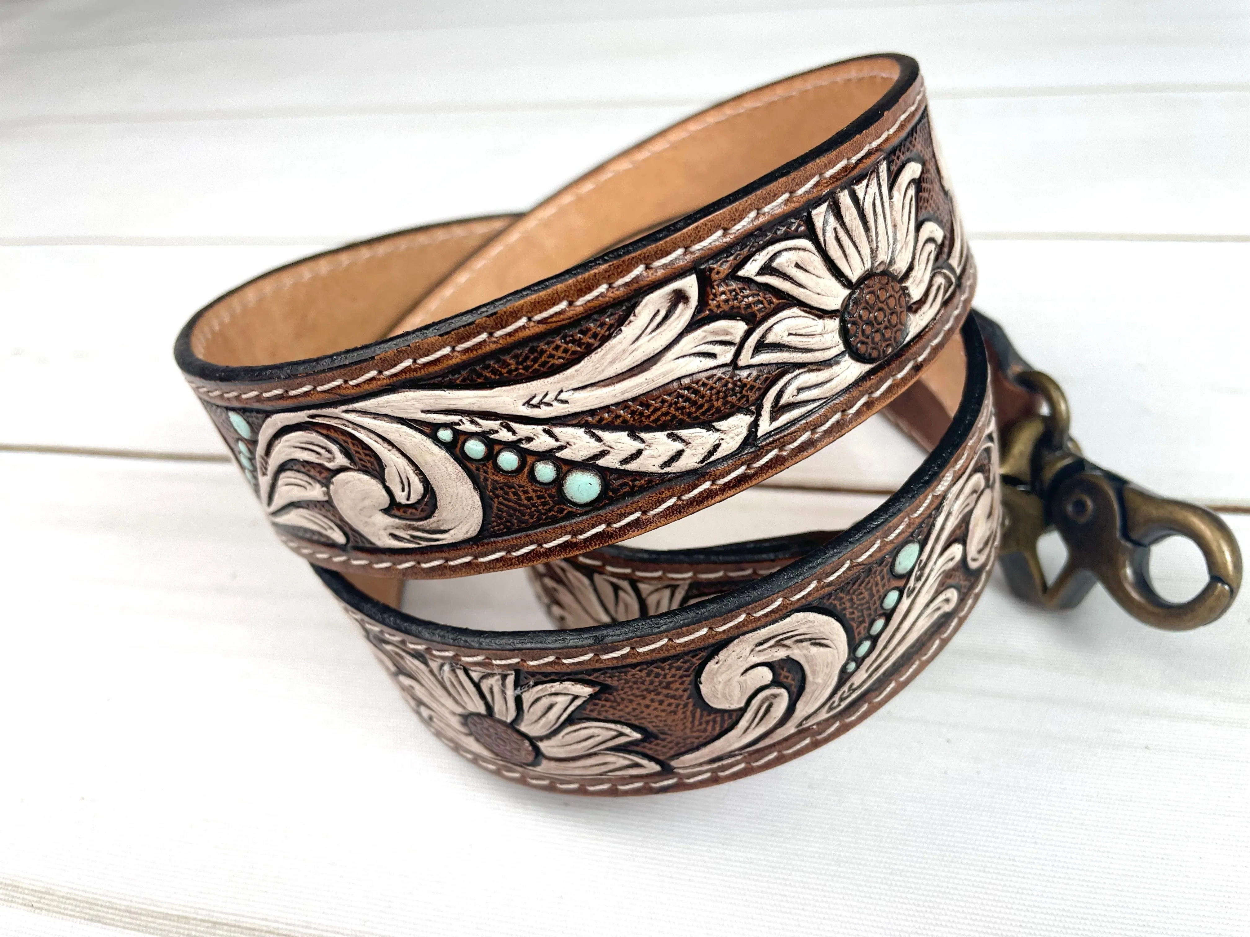 Brown and White Floral Scroll Painted Brown Handbag Strap
