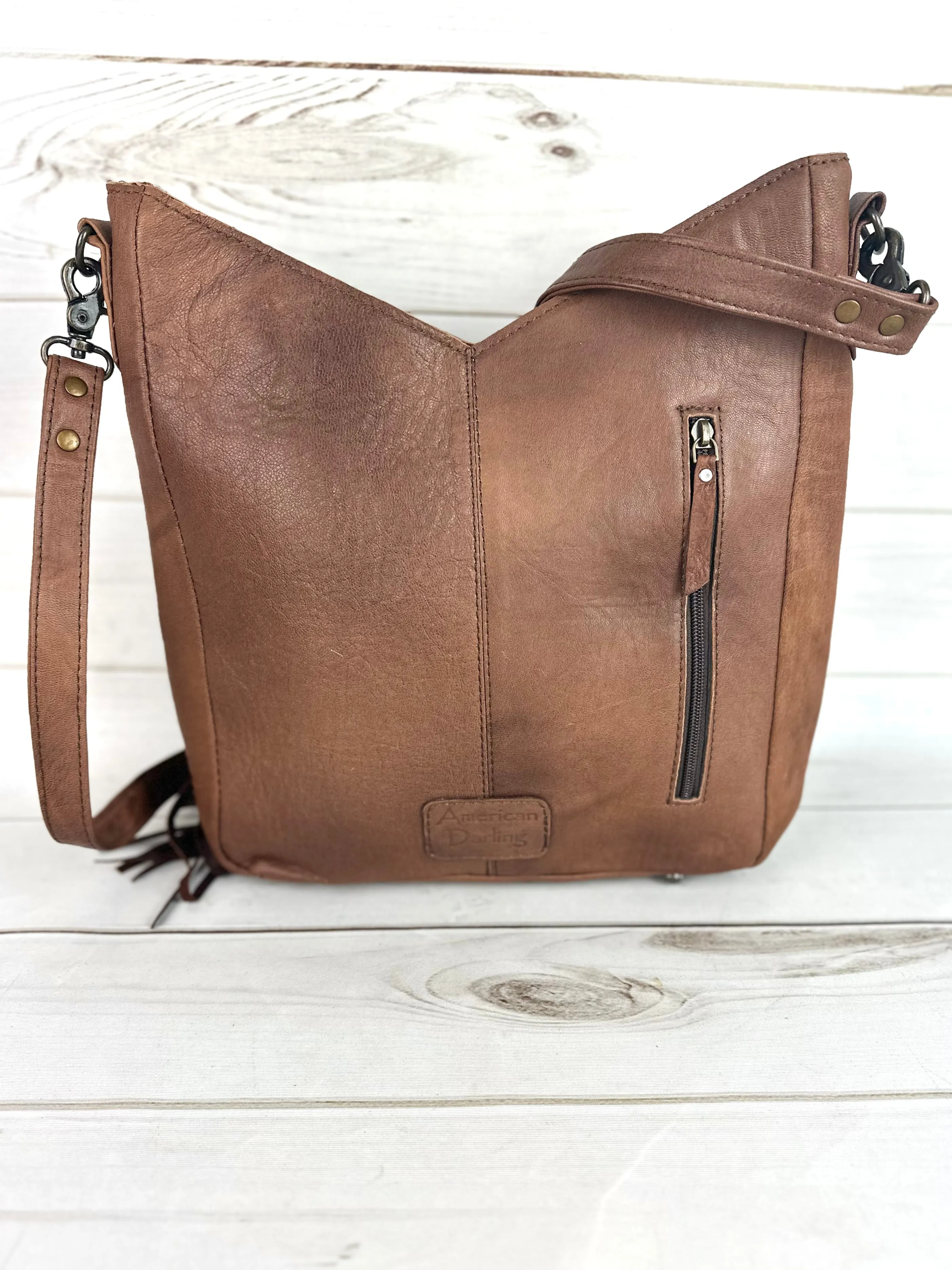 Brown Cowhide Leather Tooled Diamond Crossbody Bag