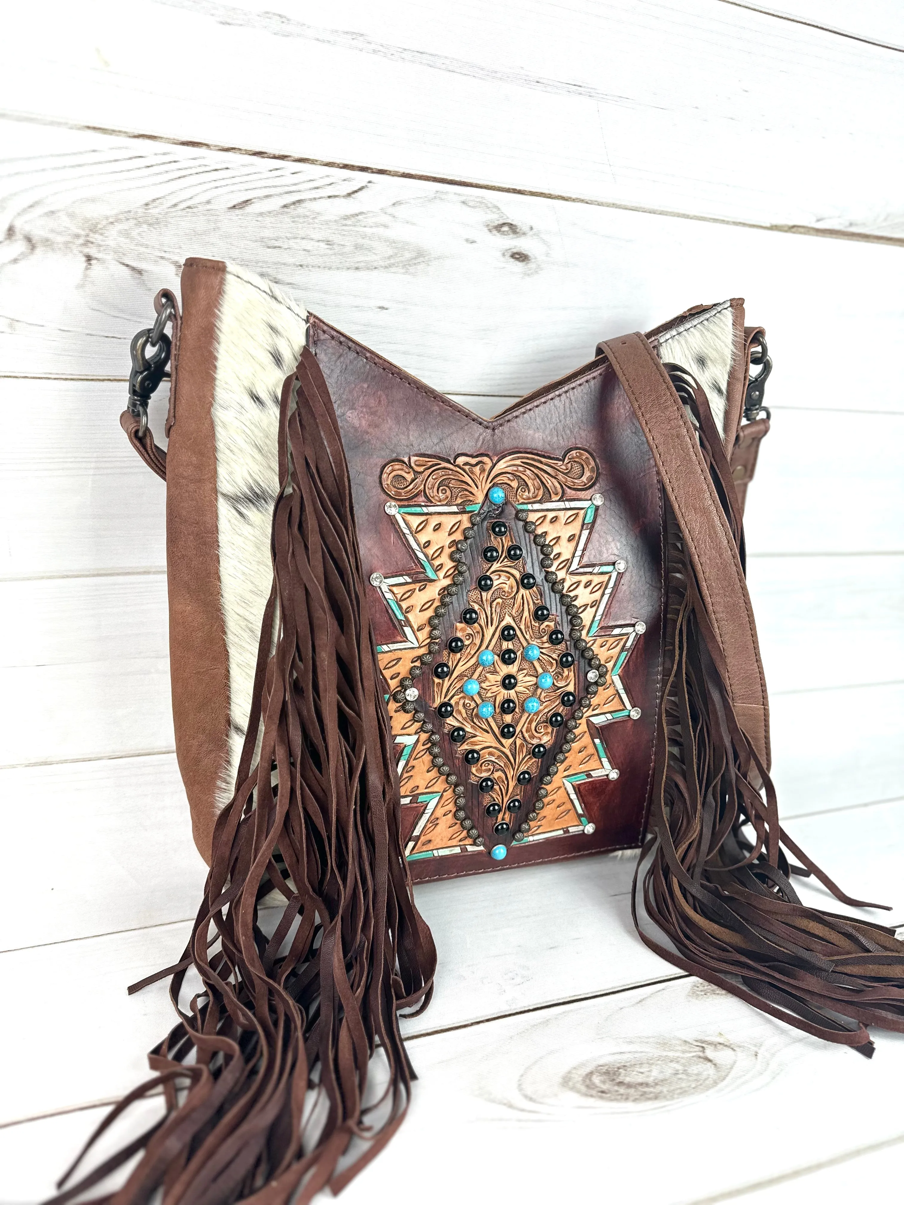 Brown Cowhide Leather Tooled Diamond Crossbody Bag