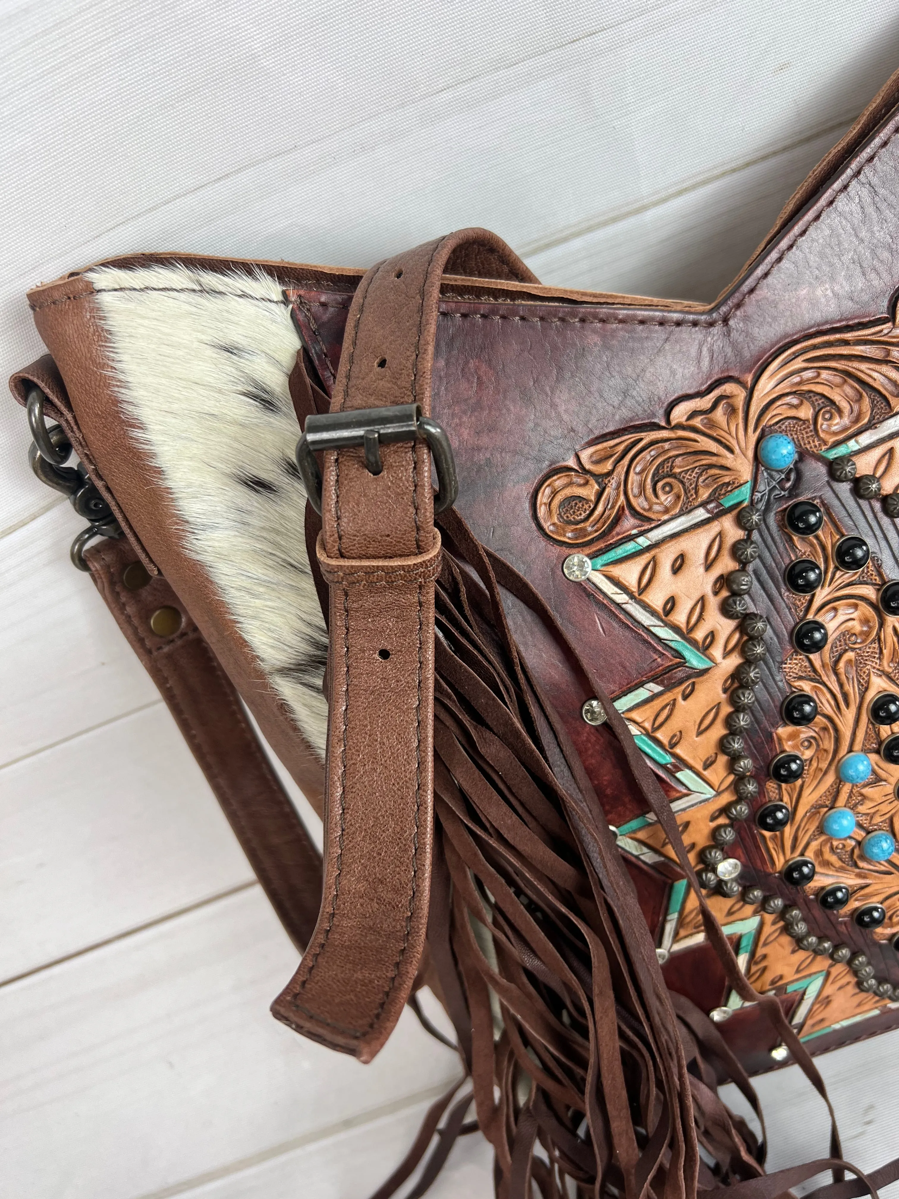 Brown Cowhide Leather Tooled Diamond Crossbody Bag