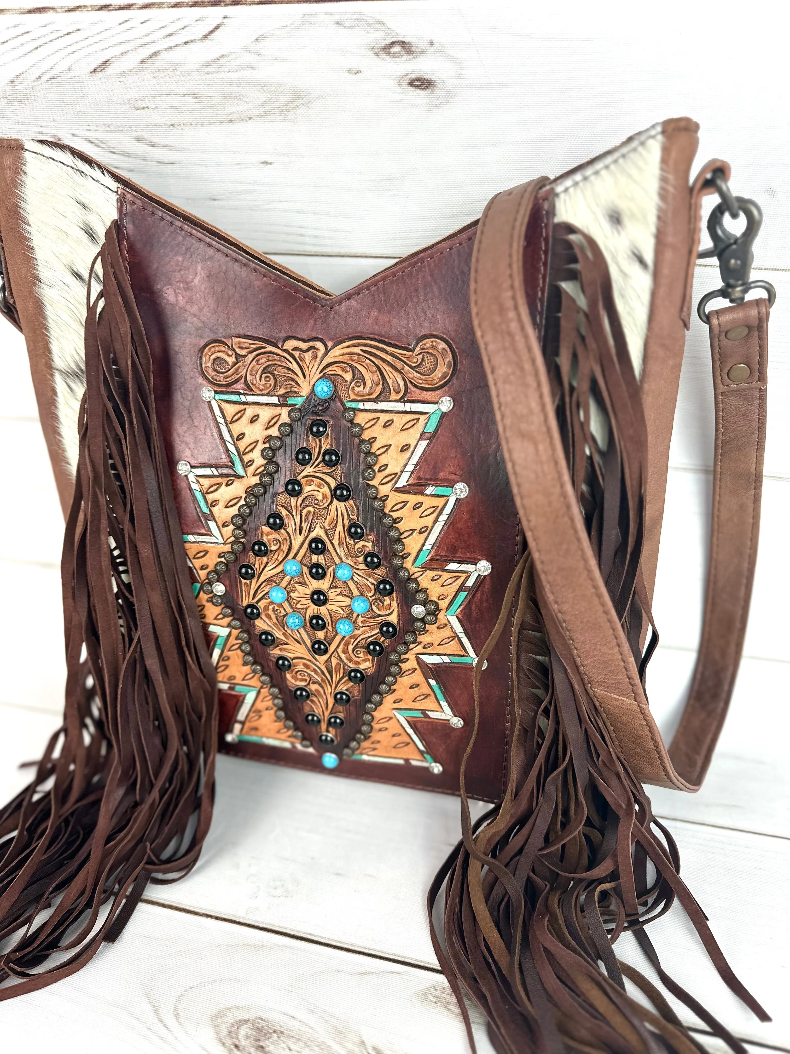 Brown Cowhide Leather Tooled Diamond Crossbody Bag