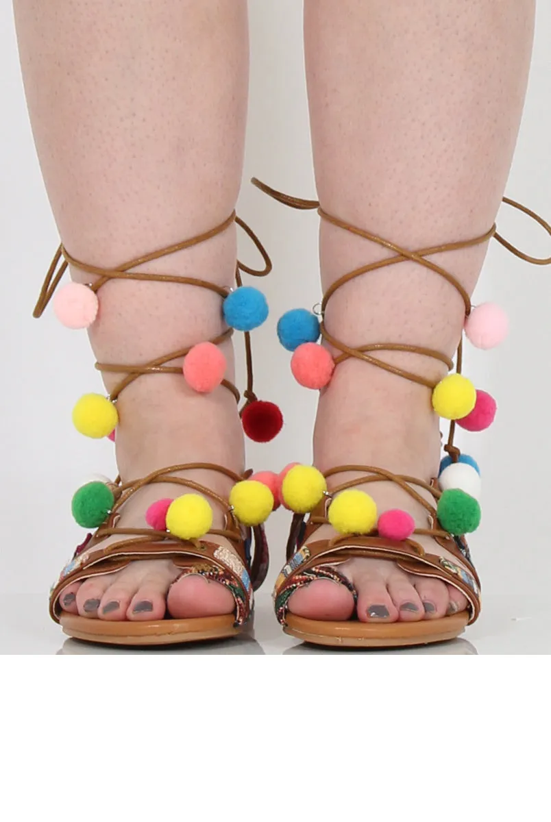 Camel Pom Pom Lace Up Sandals - Vixi