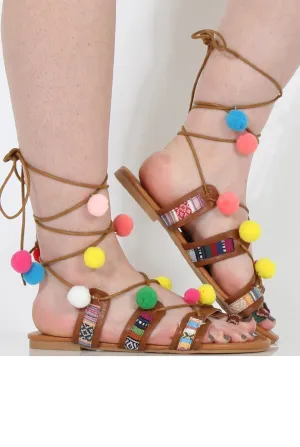 Camel Pom Pom Lace Up Sandals - Vixi