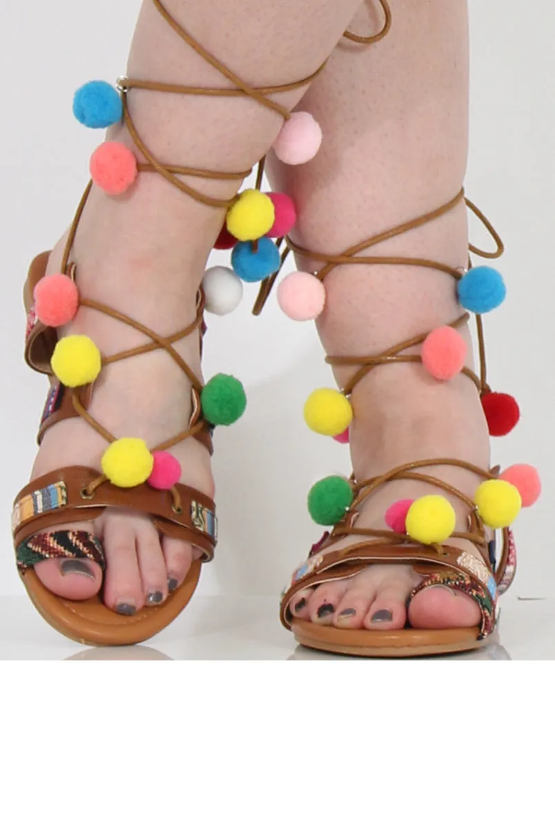 Camel Pom Pom Lace Up Sandals - Vixi