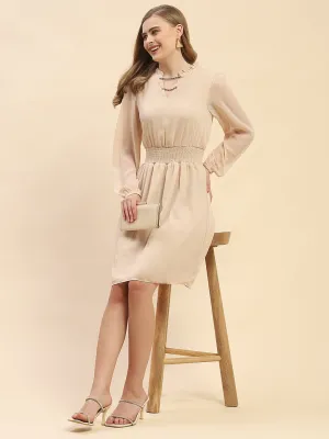 Camla Barcelona Cinched Waist Beige Chain Embellished Neck Dress