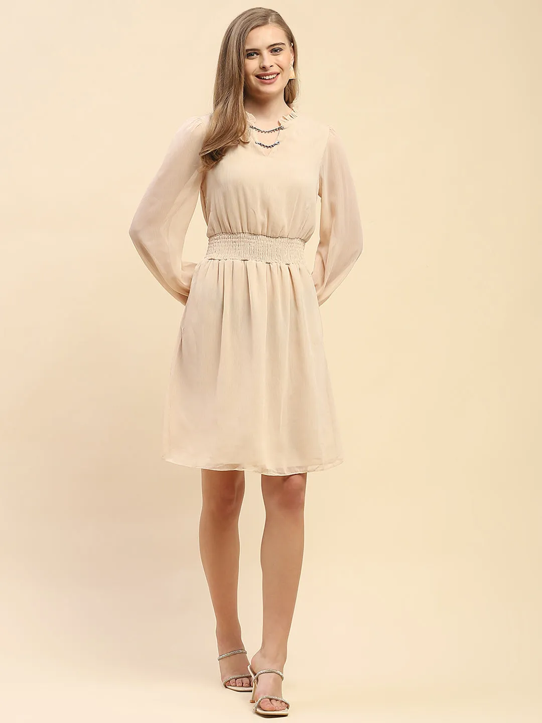 Camla Barcelona Cinched Waist Beige Chain Embellished Neck Dress