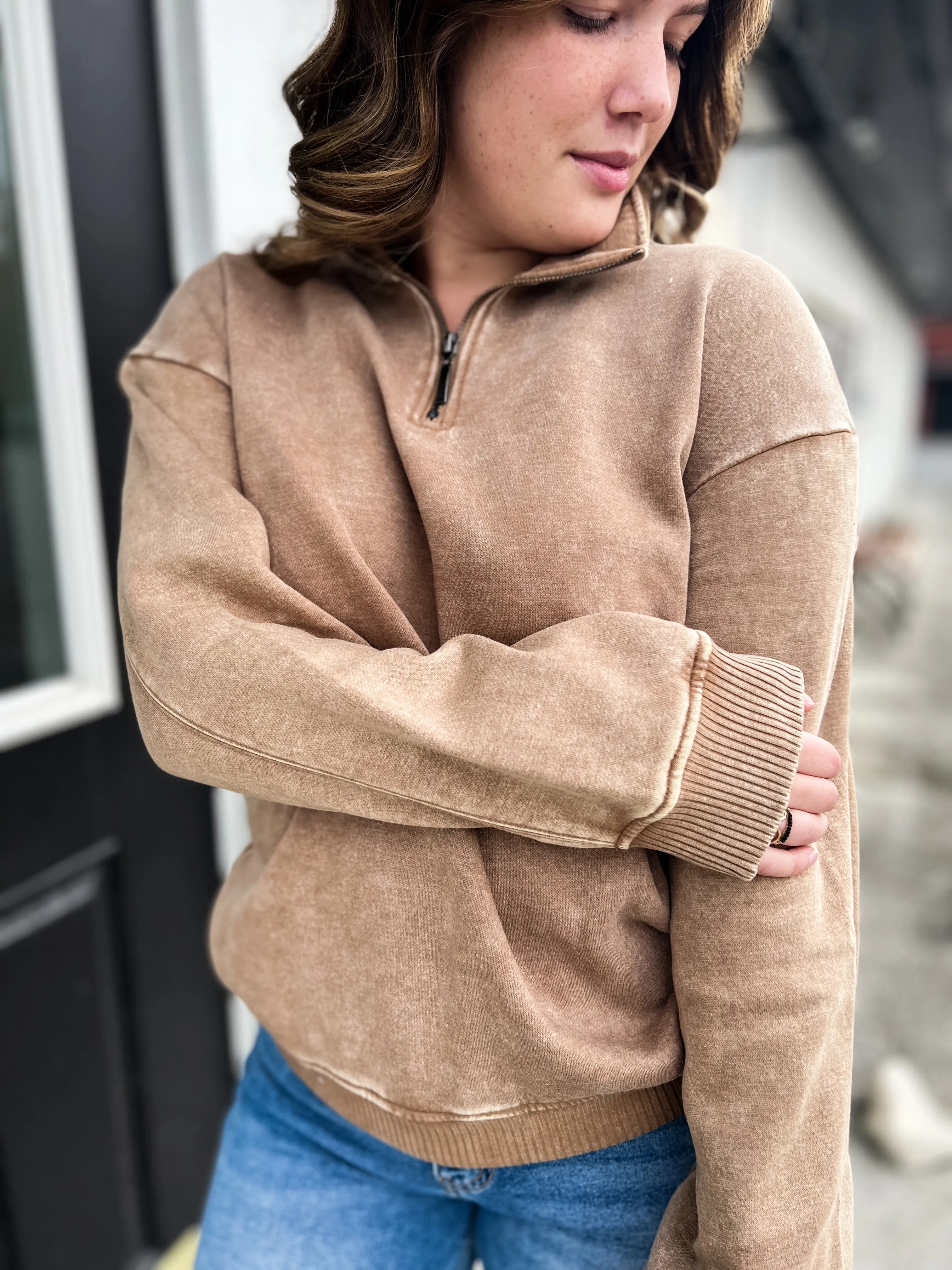 Casual Comfort Fleece Half Zip Pullover- Deep Camel
