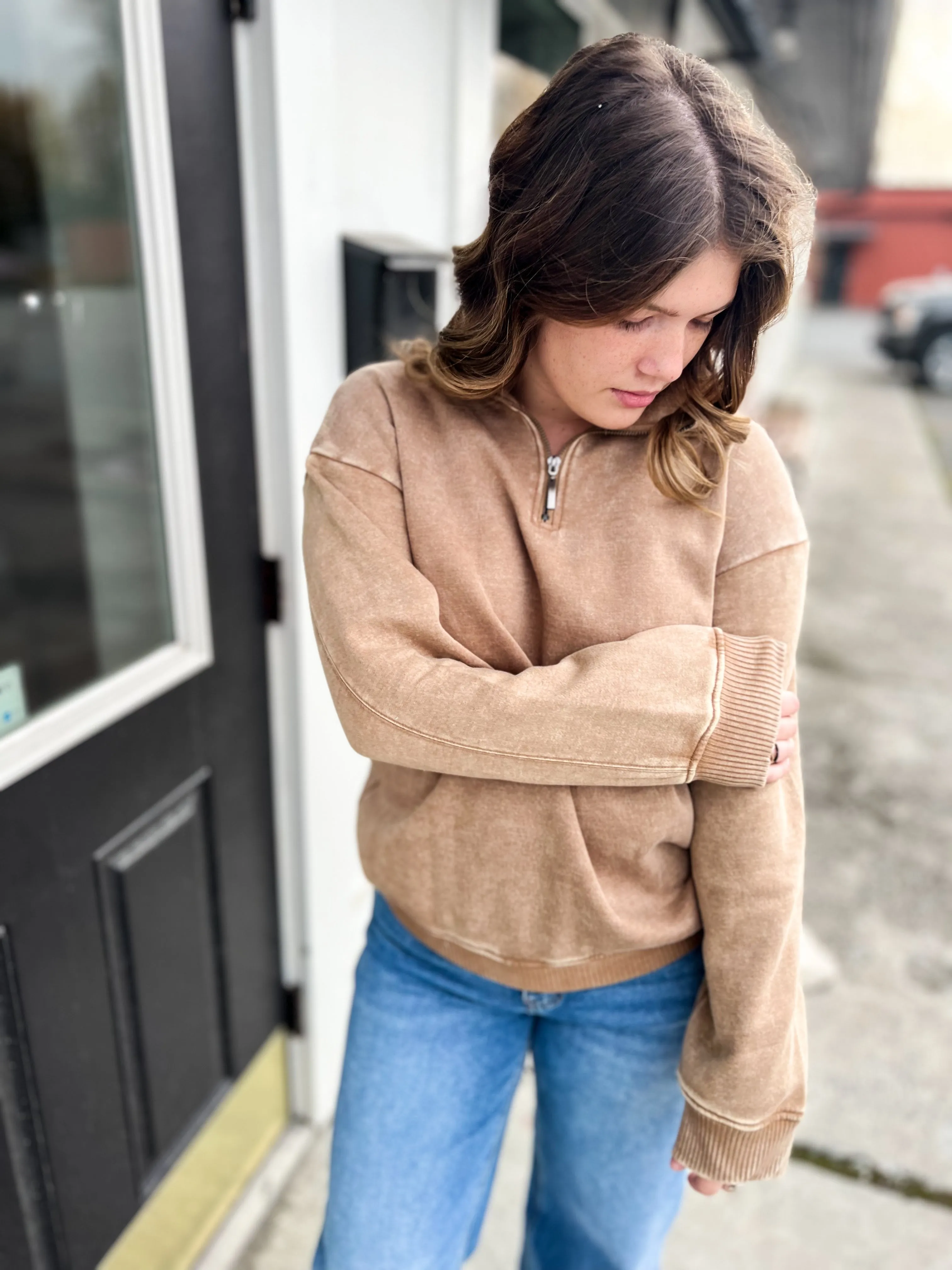 Casual Comfort Fleece Half Zip Pullover- Deep Camel