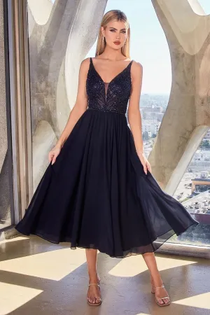 CD CD0225 -  Flowy Chiffon Tea Length A-Line Semi-Formal Gown with Sheer Bead Embellished V-Neck Bodice