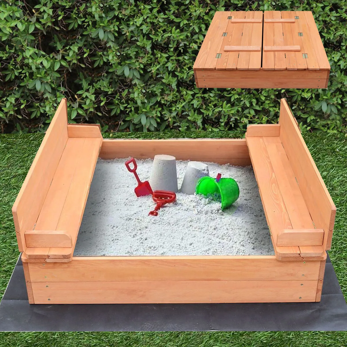 Childrens Non-Allergenic Natural Wooden Sandpit with Lid and Seats | Outdoor Kids Sandpit | Optional Waterproof Cover | 97 x 97 x 20 cm