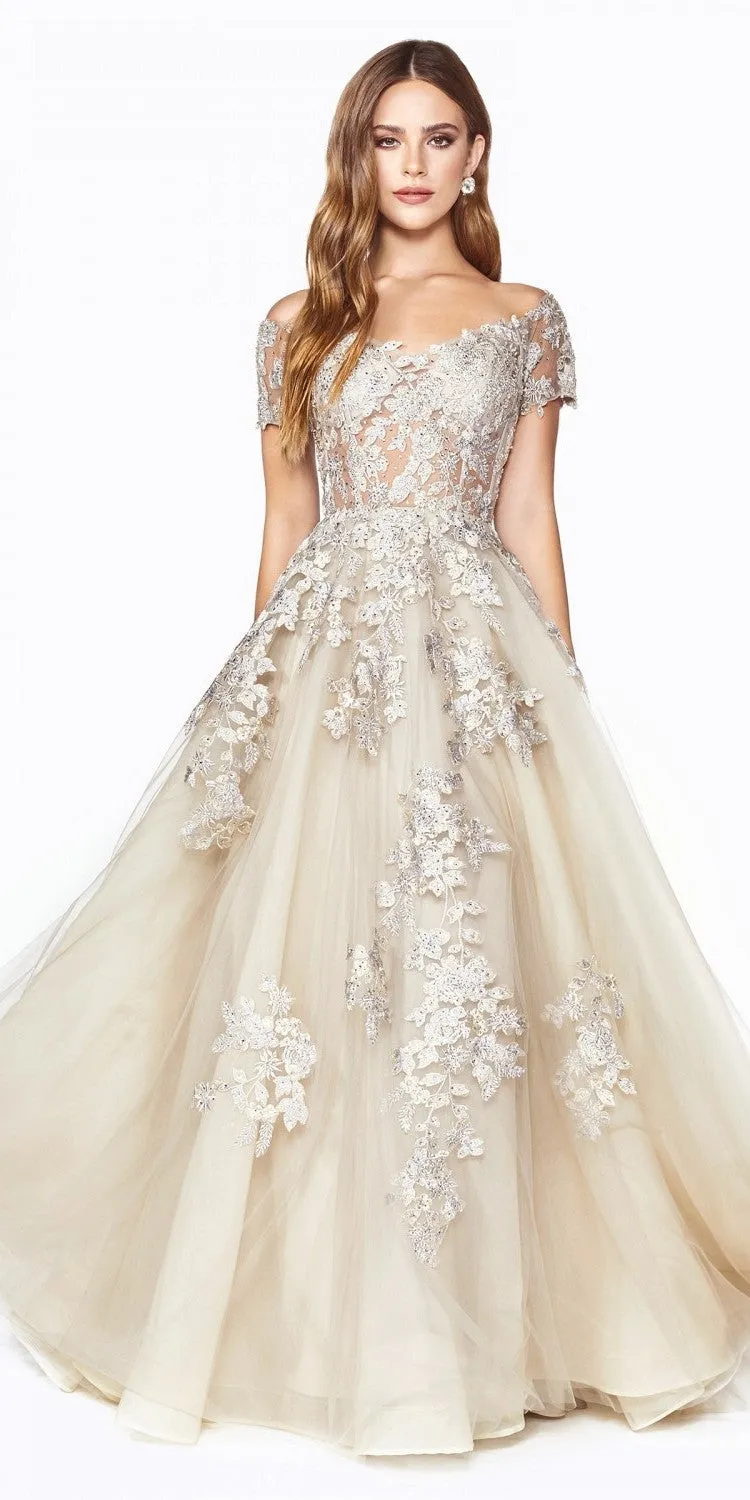 Cinderella Divine C20 Long Poofy A-Line Dress Embellished Lace Applique