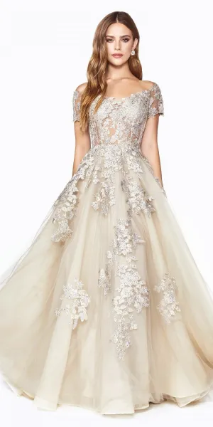 Cinderella Divine C20 Long Poofy A-Line Dress Embellished Lace Applique
