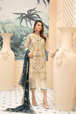 Classy Cream Chiffon Dress With Touch Of Navy Blue # C2085