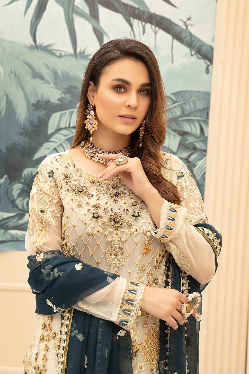 Classy Cream Chiffon Dress With Touch Of Navy Blue # C2085