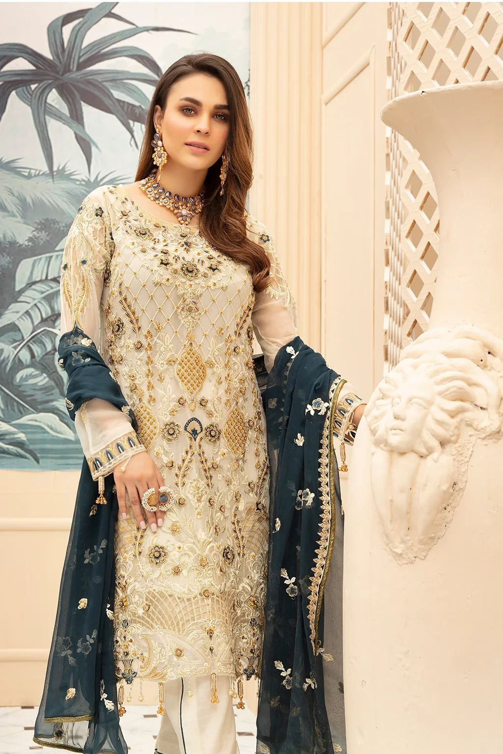 Classy Cream Chiffon Dress With Touch Of Navy Blue # C2085