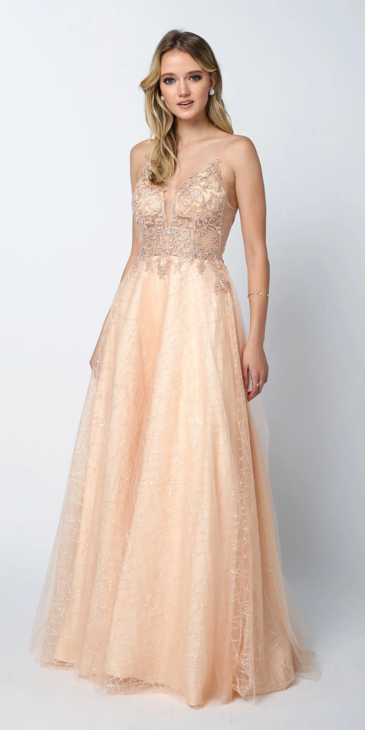 CLEARANCE - Juliet 689 Long Embroidered Bodice Sequin Ball Gown Train (Size XS)