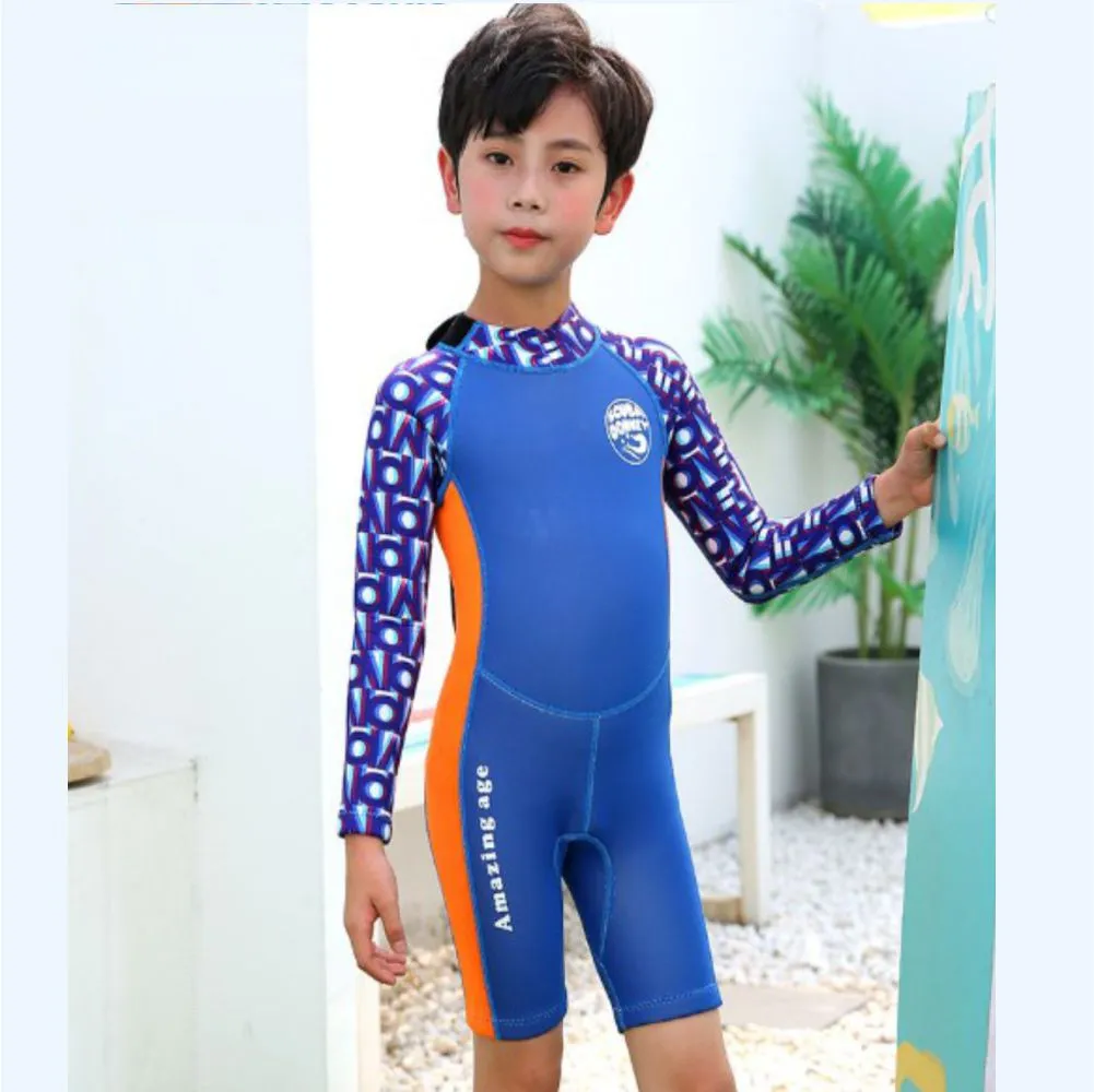 Cobalt Printed Sleeves Orange knee Length Scuba Swimsuit 2.5mm Neoprene Swimwear for water adventures for Kids,Teens and Adults