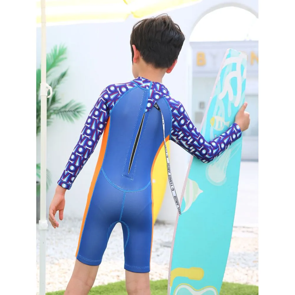 Cobalt Printed Sleeves Orange knee Length Scuba Swimsuit 2.5mm Neoprene Swimwear for water adventures for Kids,Teens and Adults