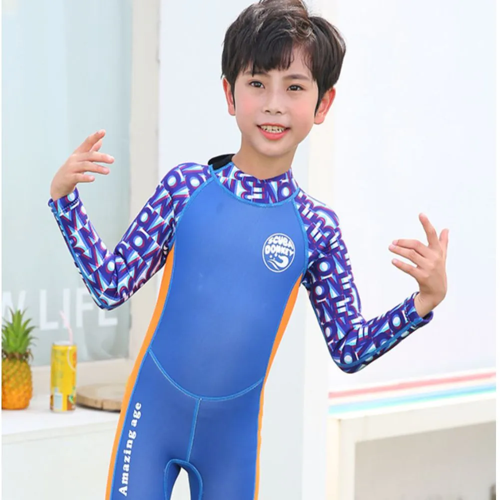 Cobalt Printed Sleeves Orange knee Length Scuba Swimsuit 2.5mm Neoprene Swimwear for water adventures for Kids,Teens and Adults