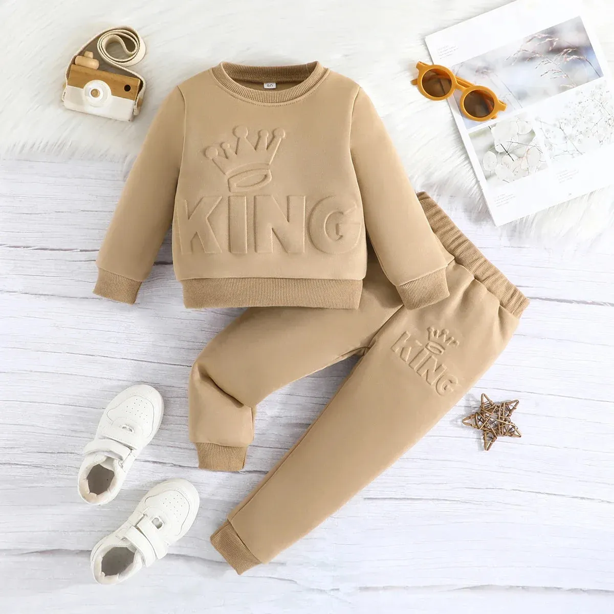 Cute King Letter Long Sleeve and Long Pants Blue Outfit for Baby Boys