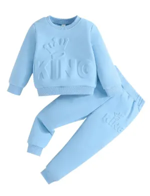 Cute King Letter Long Sleeve and Long Pants Blue Outfit for Baby Boys