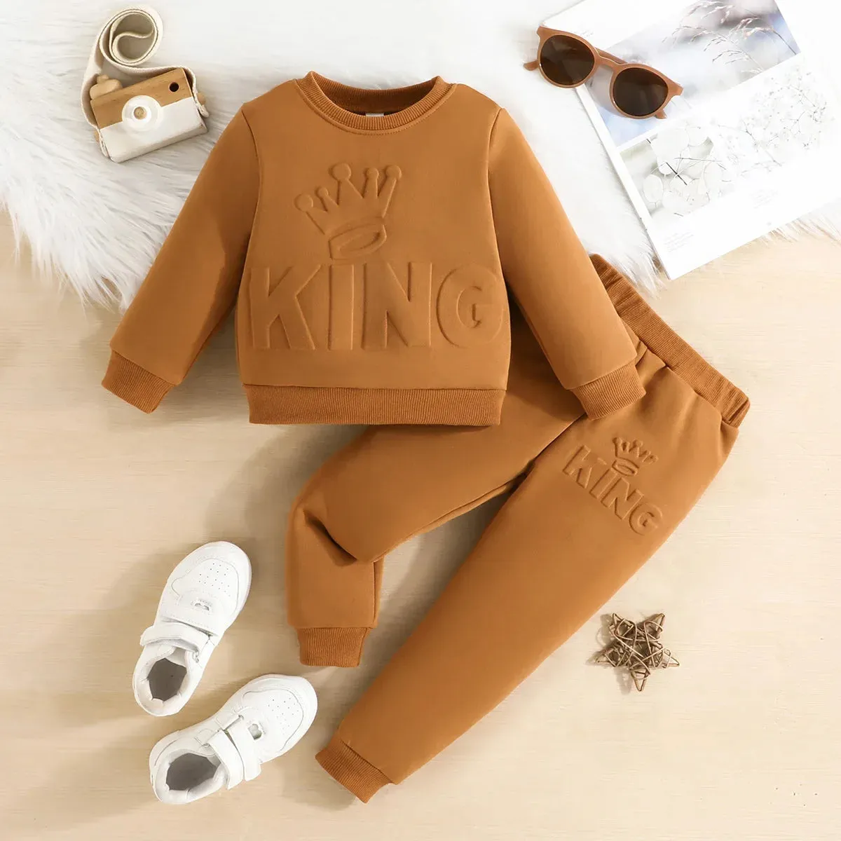 Cute King Letter Long Sleeve and Long Pants Blue Outfit for Baby Boys