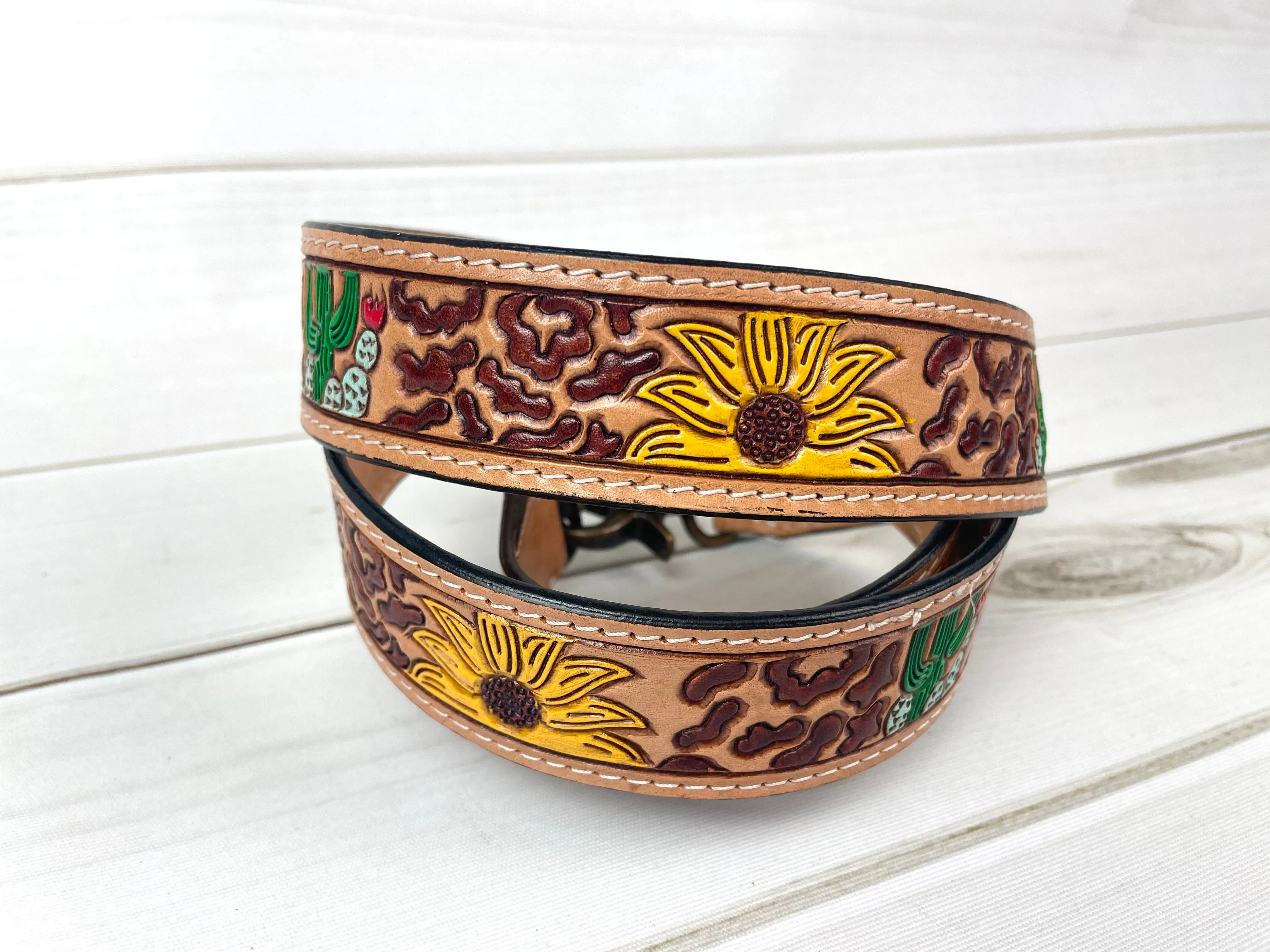 Desert Leopard Sunflower Leather Tooled Handbag Strap