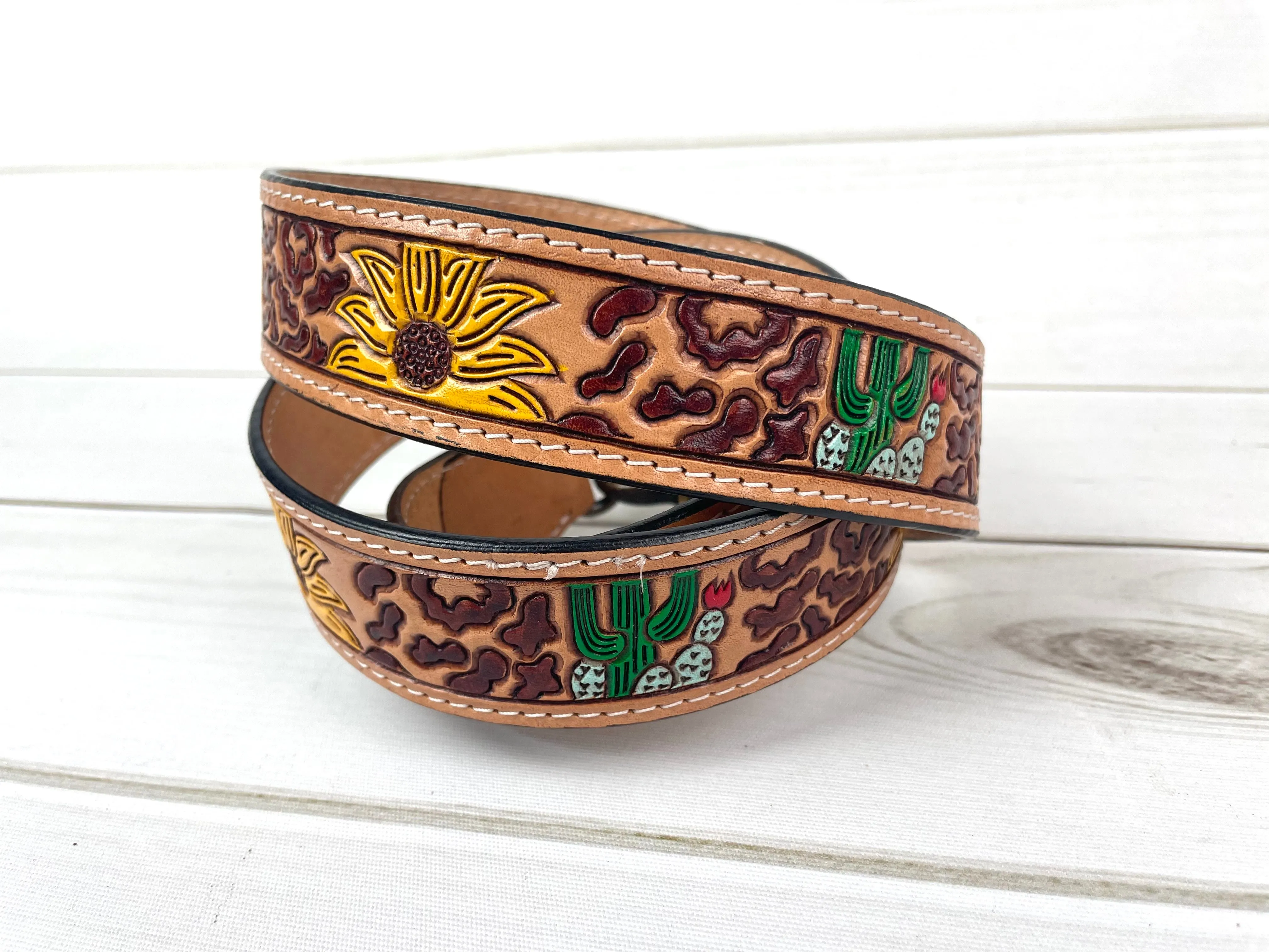 Desert Leopard Sunflower Leather Tooled Handbag Strap