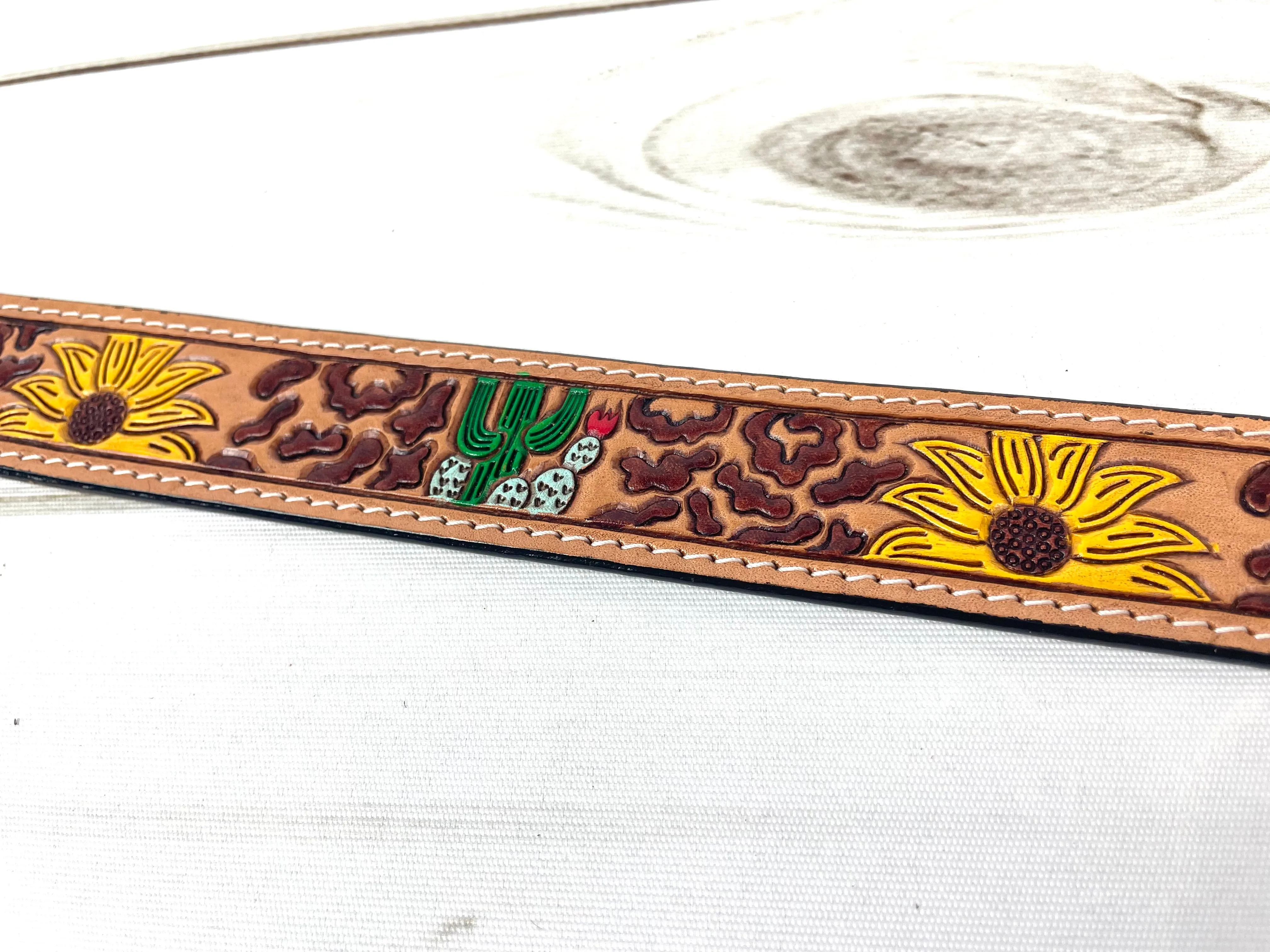 Desert Leopard Sunflower Leather Tooled Handbag Strap