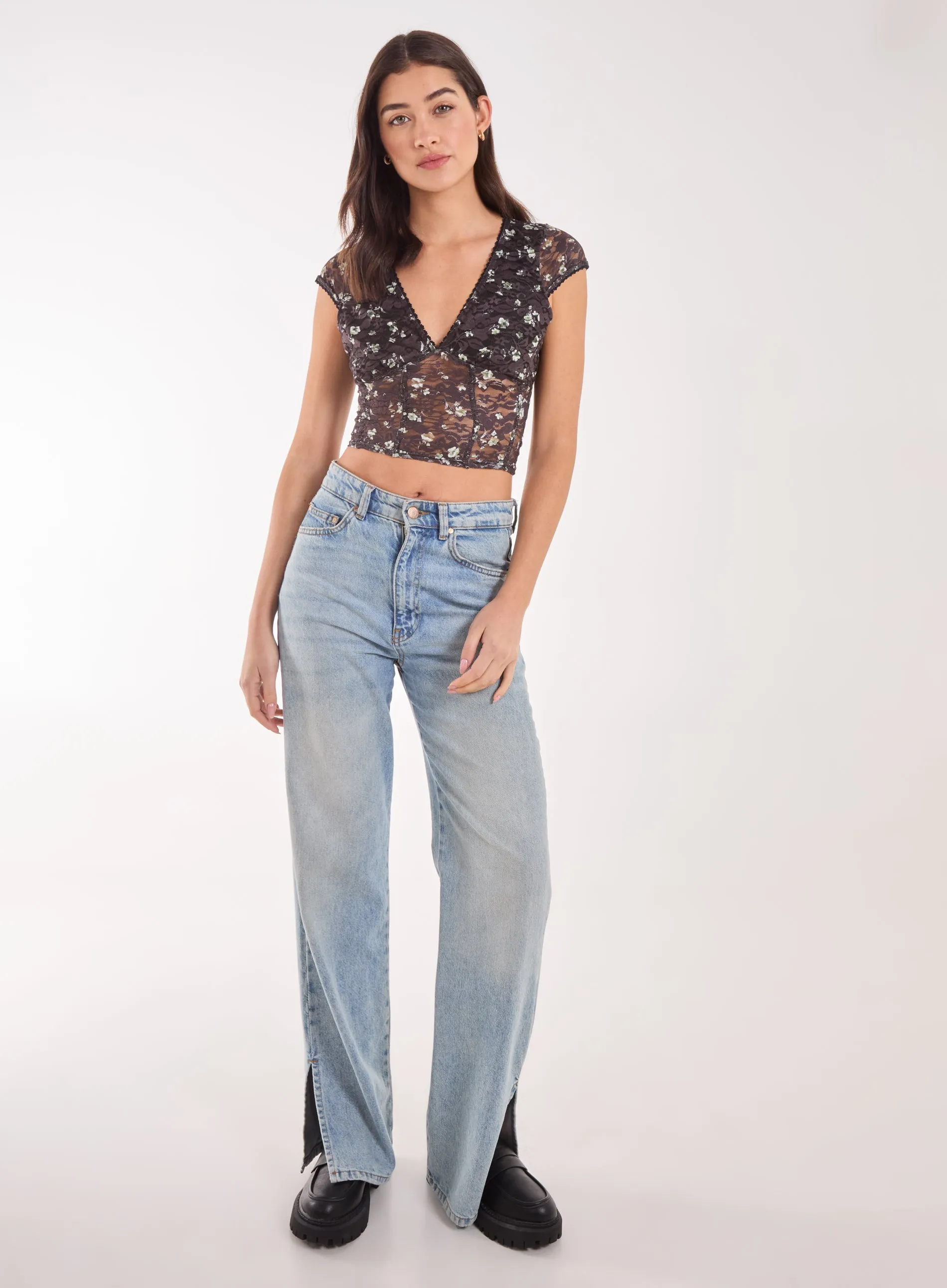 Ditsy Lace Print Cap Sleeve Top
